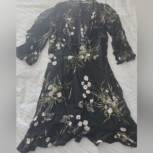 Reformation black floral print dress mini. Open neck with cross ties